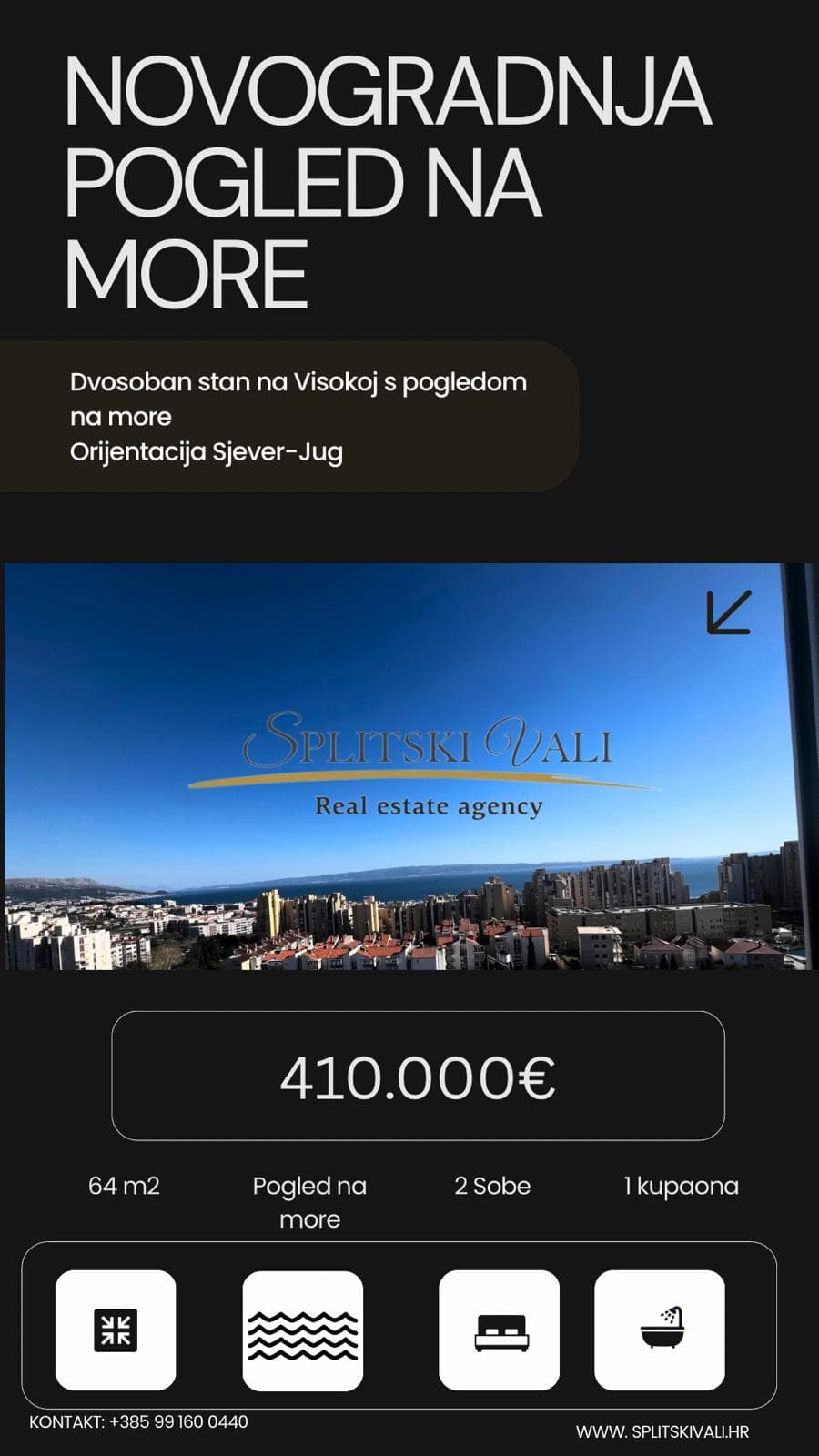 Novogradnja dvosobni stan Visoka s pogledom na more